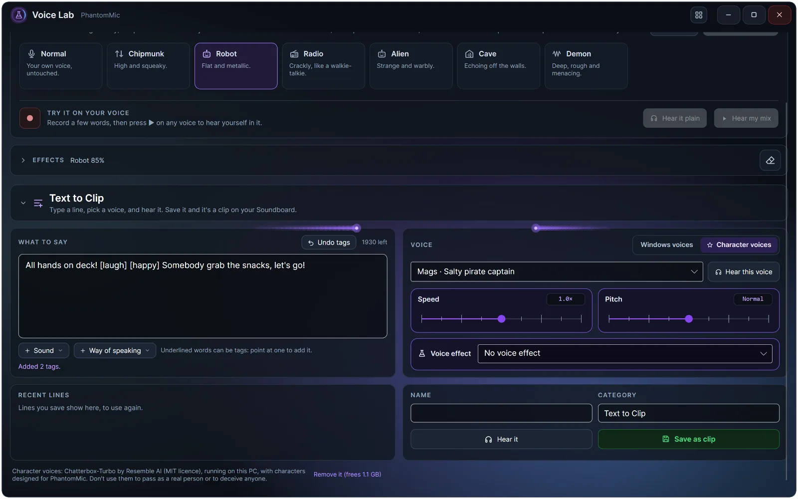 Voice Lab: the voice changer on top, and Text to Clip underneath with the Mags voice and a line using the [laugh] tag